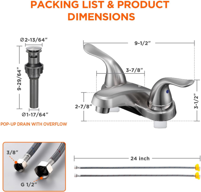 Bathroom Sink Faucet Dual Handles 4" Centerset Bathroom Faucet with Pop-up Drain Stopper, Plating Over ABS Plastic Non-Metallic Basin faucets with Supply Hose- Brushed Nickel Finish