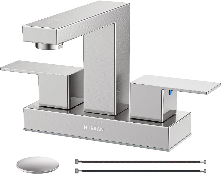 Bathroom Sink Faucet, Hurran 4 inch Brushed Nickel Bathroom Faucets for Sink 3 Hole with Pop-up Drain and Supply Lines, Stainless Steel 2-Handle Lead-Free Faucet for Bathroom Sink Vanity RV Restroom