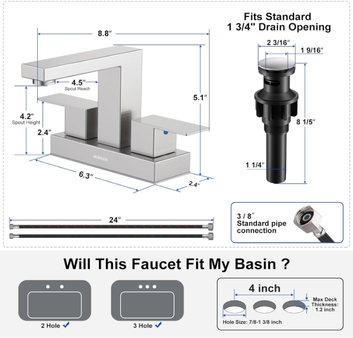 Bathroom Sink Faucet, Hurran 4 inch Brushed Nickel Bathroom Faucets for Sink 3 Hole with Pop-up Drain and Supply Lines, Stainless Steel 2-Handle Lead-Free Faucet for Bathroom Sink Vanity RV Restroom