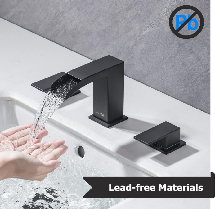 Waterfall Bathroom Faucet Matte Black, Bathroom Sink Faucet 3 Hole, Widespread Bathroom Faucet Set with Pop Up Drain and Hose