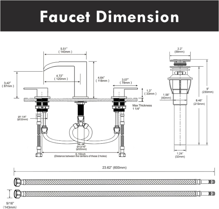 Waterfall Bathroom Faucet Matte Black, Bathroom Sink Faucet 3 Hole, Widespread Bathroom Faucet Set with Pop Up Drain and Hose