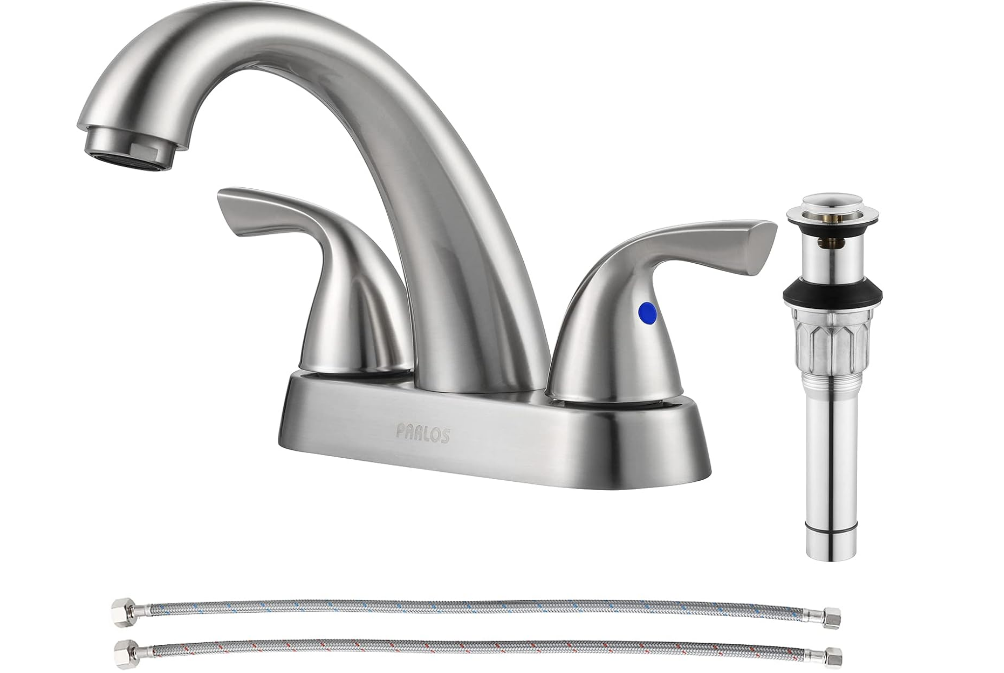 2-Handle Bathroom Sink Faucet with Drain Assembly and Supply Hose Lead-Free cUPC Lavatory Faucet Mixer Double Handle Tap Deck Mounted Brushed Nickel