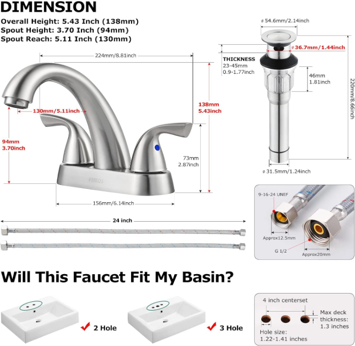 2-Handle Bathroom Sink Faucet with Drain Assembly and Supply Hose Lead-Free cUPC Lavatory Faucet Mixer Double Handle Tap Deck Mounted Brushed Nickel