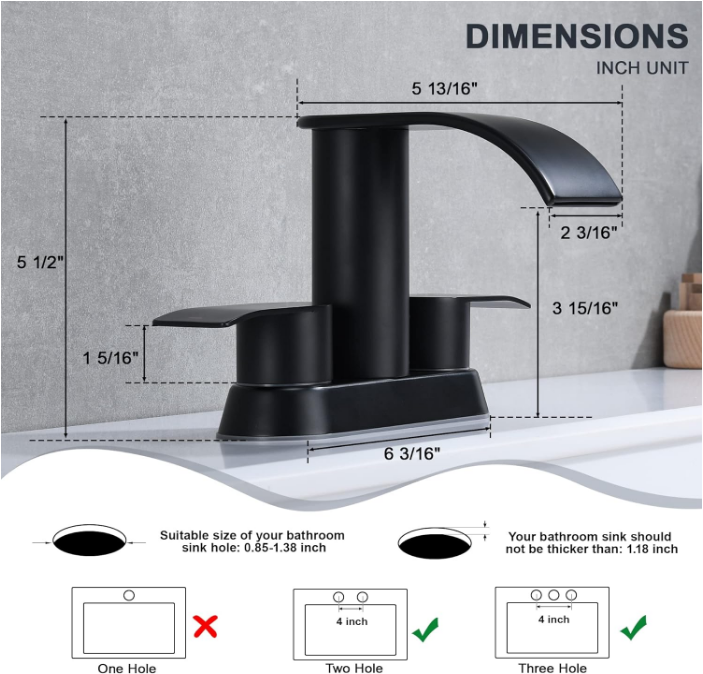 Waterfall Bathroom Sink Faucet Matte Black, Two Handles Bathroom Faucet with Metal Pop up Sink Drain Stopper, 2 or 3 Holes Bathroom Basin Lavatory Mixer Tap with Deck Mount Plate