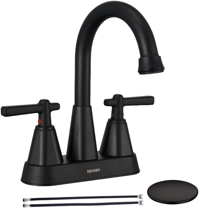 Matte Black Bathroom Sink Faucet, SBOSBO 4 Inch Bathroom Faucet for Sink 3 Hole, 2 Handle Sink Faucet with Pop Up Drain Assembly and 2 Water Supply Hoses for RV Bathroom Vanity