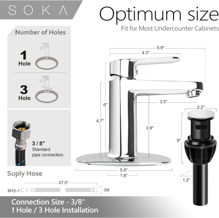 Brass Bathroom Faucet Chrome Bathroom Sink Faucet Chrome with Pop-up Sink Drain Stopper & Deck Plate 1 or 3 Hole Bathroom Faucet Single Handle Bathroom Faucet Single Hole RV Bathroom Faucet