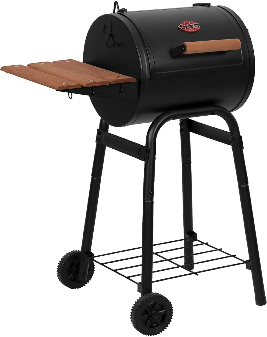 Patio Pro Charcoal Grill and Smoker with Cast Iron Grates, Premium Wood Shelf and Damper Control, 250 Cooking Square Inches in Black, Model E1515