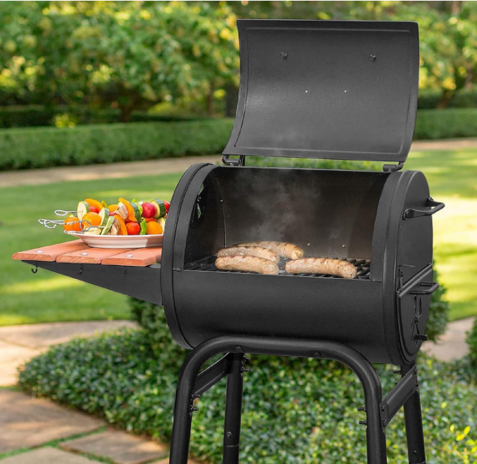 Patio Pro Charcoal Grill and Smoker with Cast Iron Grates, Premium Wood Shelf and Damper Control, 250 Cooking Square Inches in Black, Model E1515