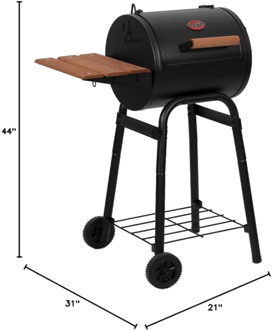 Patio Pro Charcoal Grill and Smoker with Cast Iron Grates, Premium Wood Shelf and Damper Control, 250 Cooking Square Inches in Black, Model E1515