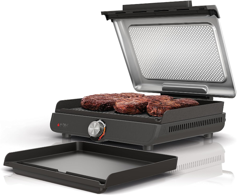 Sizzle Smokeless Indoor Grill & Griddle, 14'' Interchangeable Nonstick Plates, Dishwasher-Safe Removable Mesh Lid, 500F Max Heat, Even Edge-to-Edge Cooking, Grey/Silver