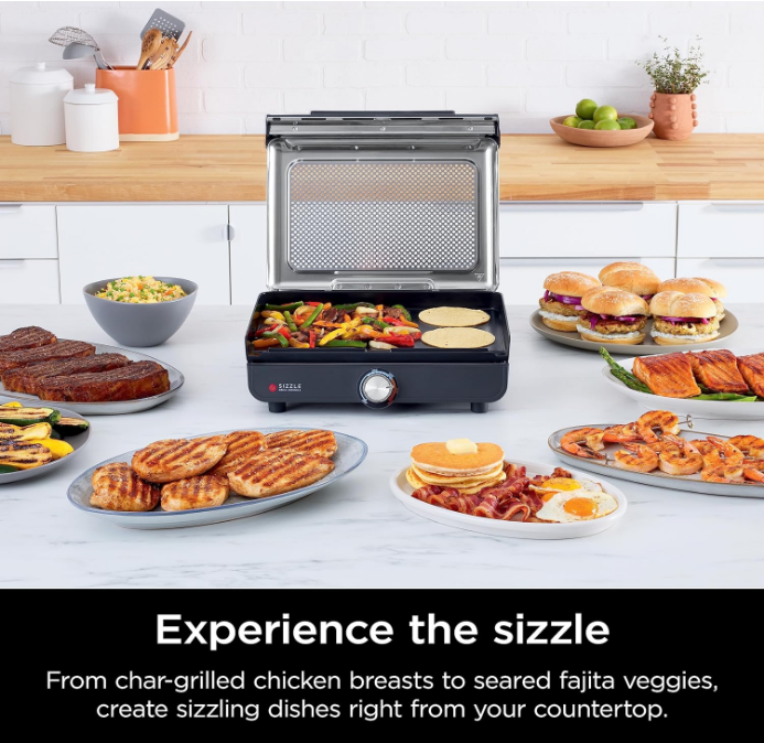 Sizzle Smokeless Indoor Grill & Griddle, 14'' Interchangeable Nonstick Plates, Dishwasher-Safe Removable Mesh Lid, 500F Max Heat, Even Edge-to-Edge Cooking, Grey/Silver