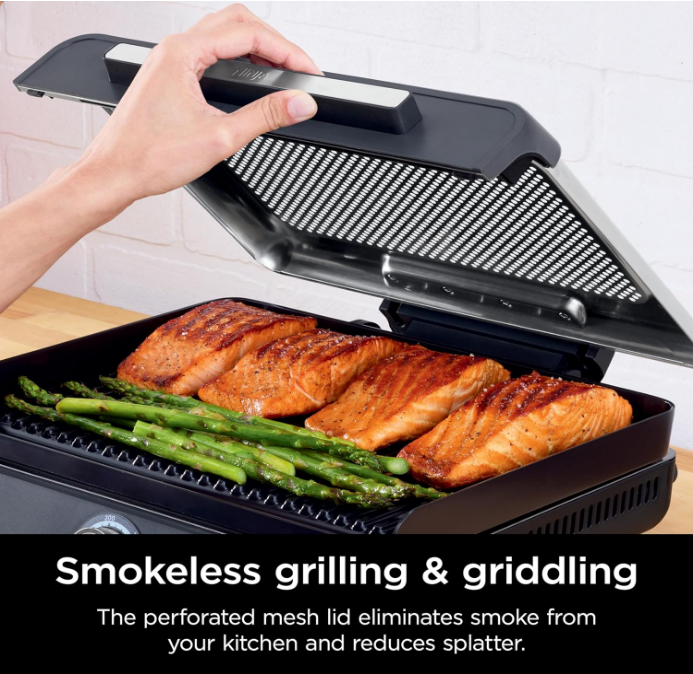 Sizzle Smokeless Indoor Grill & Griddle, 14'' Interchangeable Nonstick Plates, Dishwasher-Safe Removable Mesh Lid, 500F Max Heat, Even Edge-to-Edge Cooking, Grey/Silver