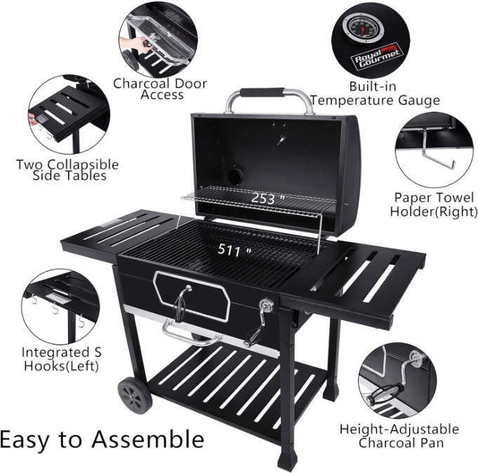 30-Inch Charcoal Grill, Deluxe BBQ Smoker Picnic Camping Patio Backyard Cooking, Black, Large