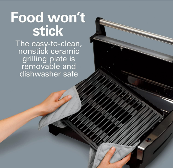 Electric Indoor Searing Grill with Viewing Window & Adjustable Temperature Control to 450F, 118 sq. in. Surface Serves 6, Removable Nonstick Grate, Stainless Steel
