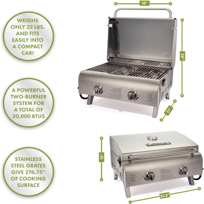 Chef's Style Portable Propane Tabletop 20,000, Professional Gas Grill, Two 10,000 BTU Burners, Stainless Steel