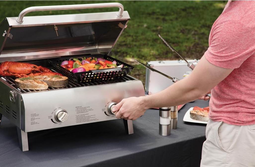 Chef's Style Portable Propane Tabletop 20,000, Professional Gas Grill, Two 10,000 BTU Burners, Stainless Steel
