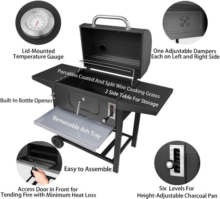 CD1824AC 24 Inch Charcoal Grill BBQ Outdoor Picnic, Patio Backyard Cooking, with Cover, Black