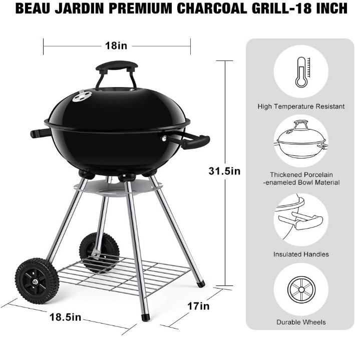 Premium 18 Inch Charcoal Grill for Outdoor Cooking Barbecue Camping BBQ Coal Kettle Grill Tailgating Portable Heavy Duty Round with Thickened Grilling Bowl Wheels for Small Patio Backyard