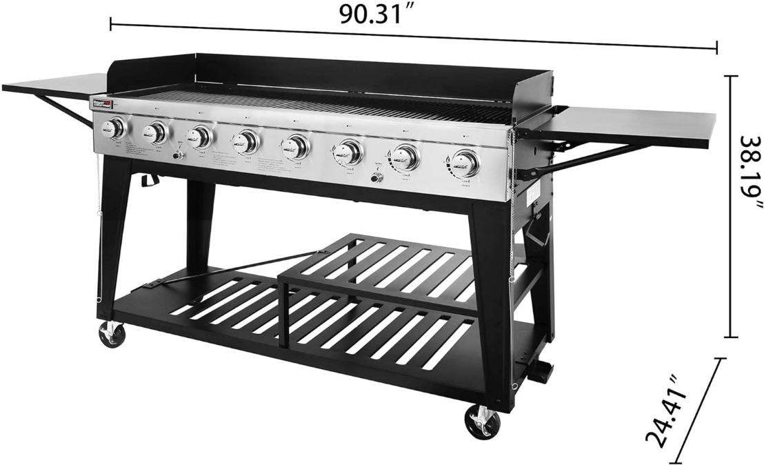 8-Burner Gas Grill, 104,000 BTU Liquid Propane Grill, Independently Controlled Dual Systems, Outdoor Party or Backyard BBQ, Black