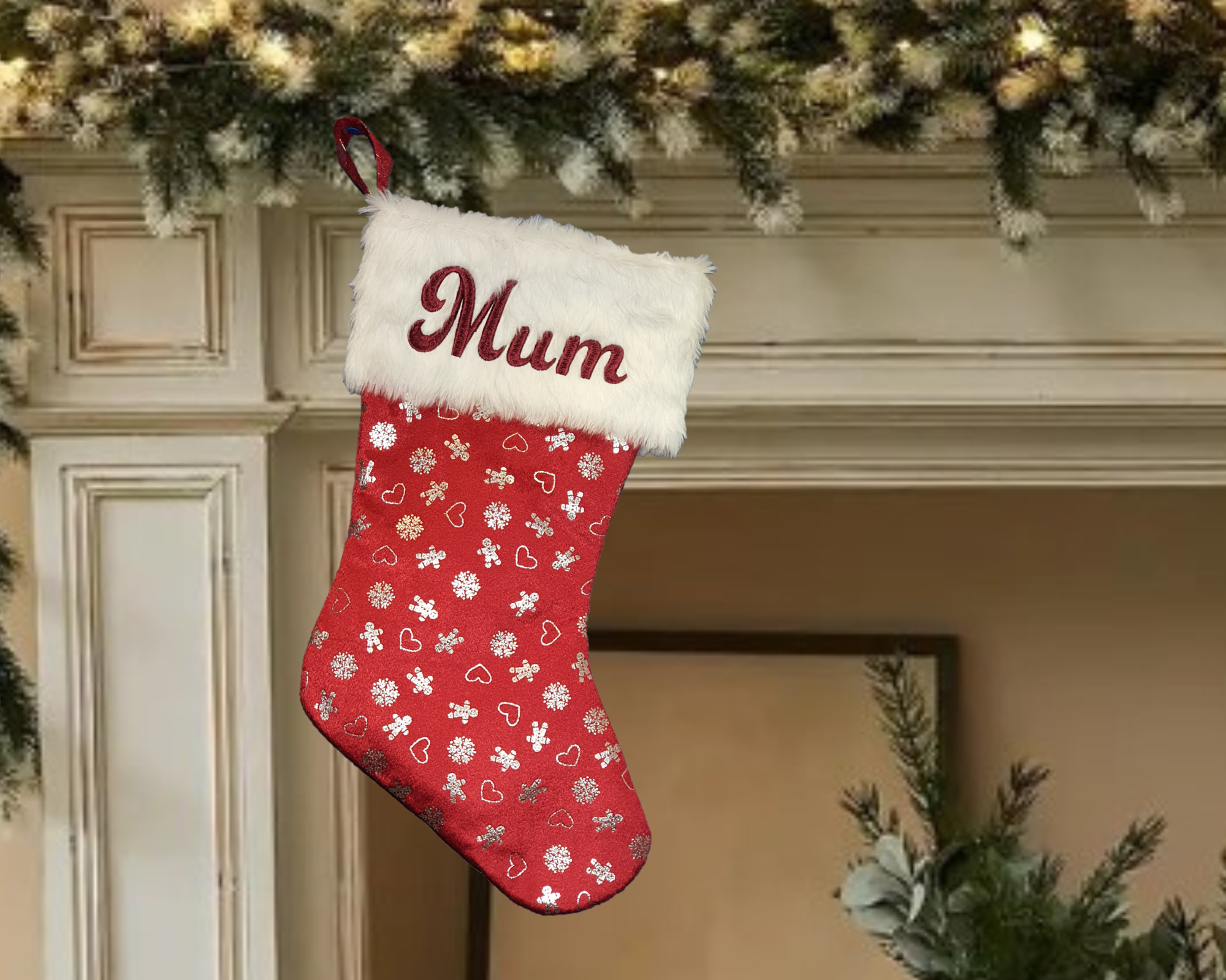 Personalised Christmas Stocking with silver decorations