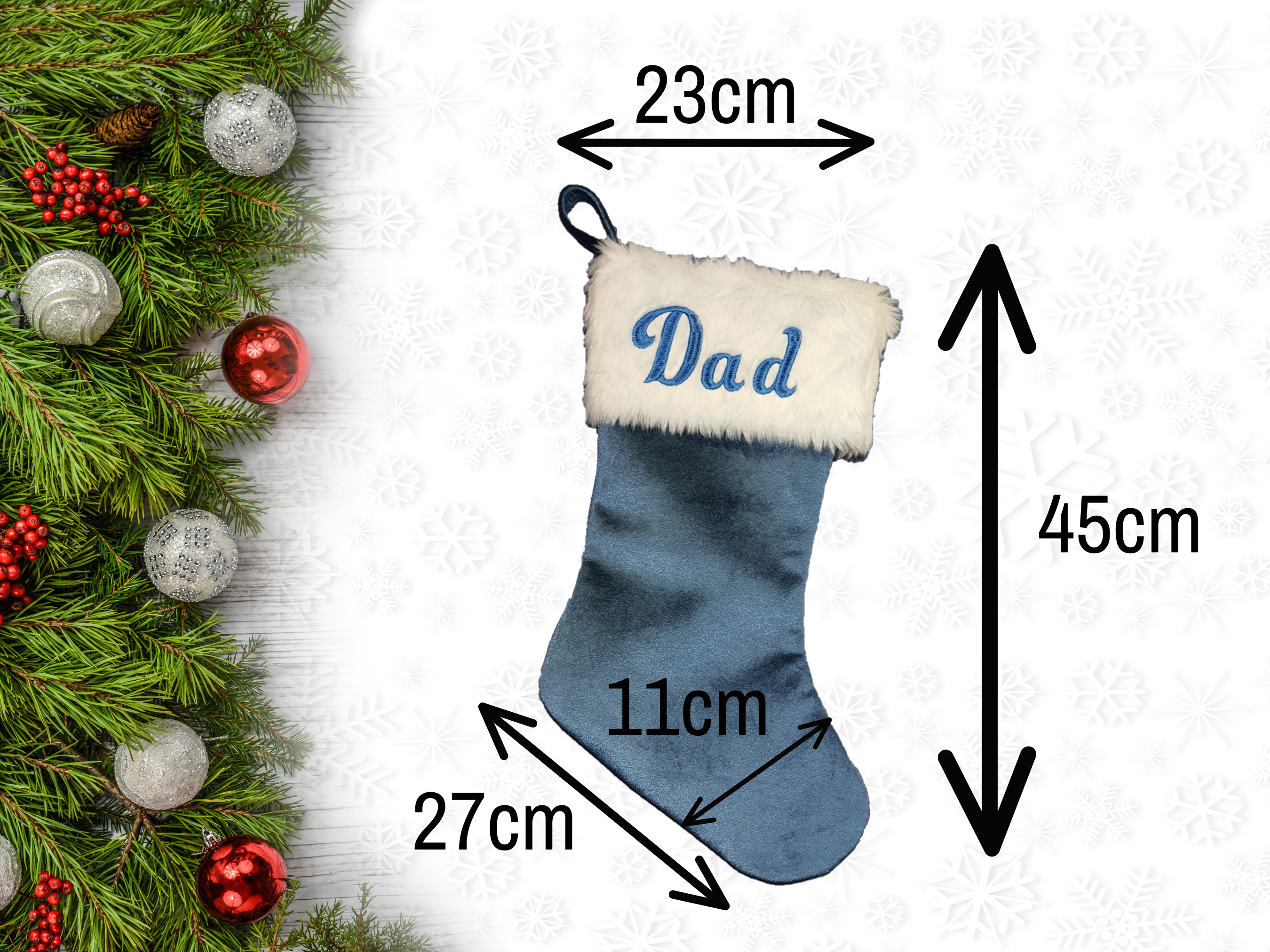 Personalised Christmas Stocking with silver decorations