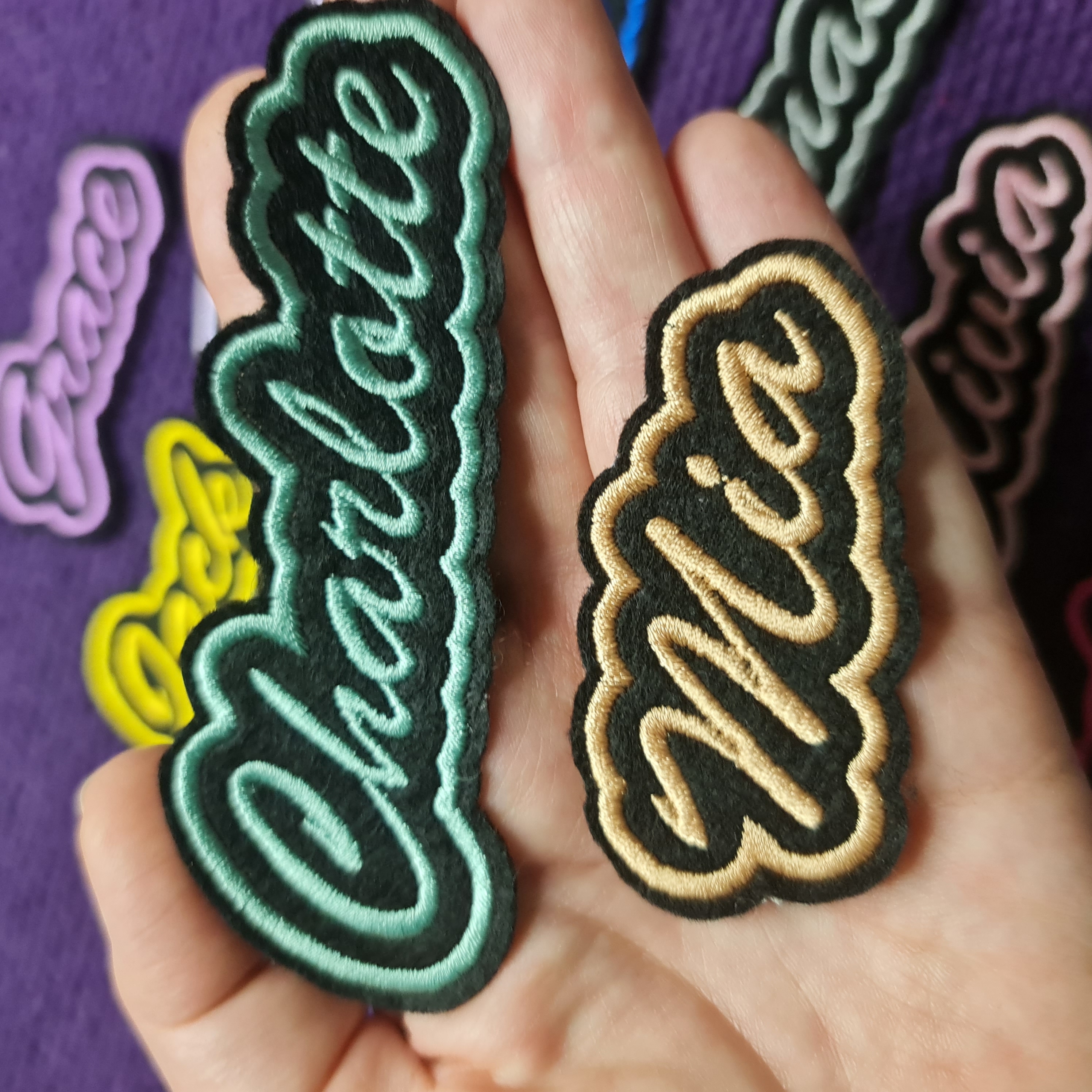 Personalised Embroidered Name Patch Badge Black Felt Iron or Sew on