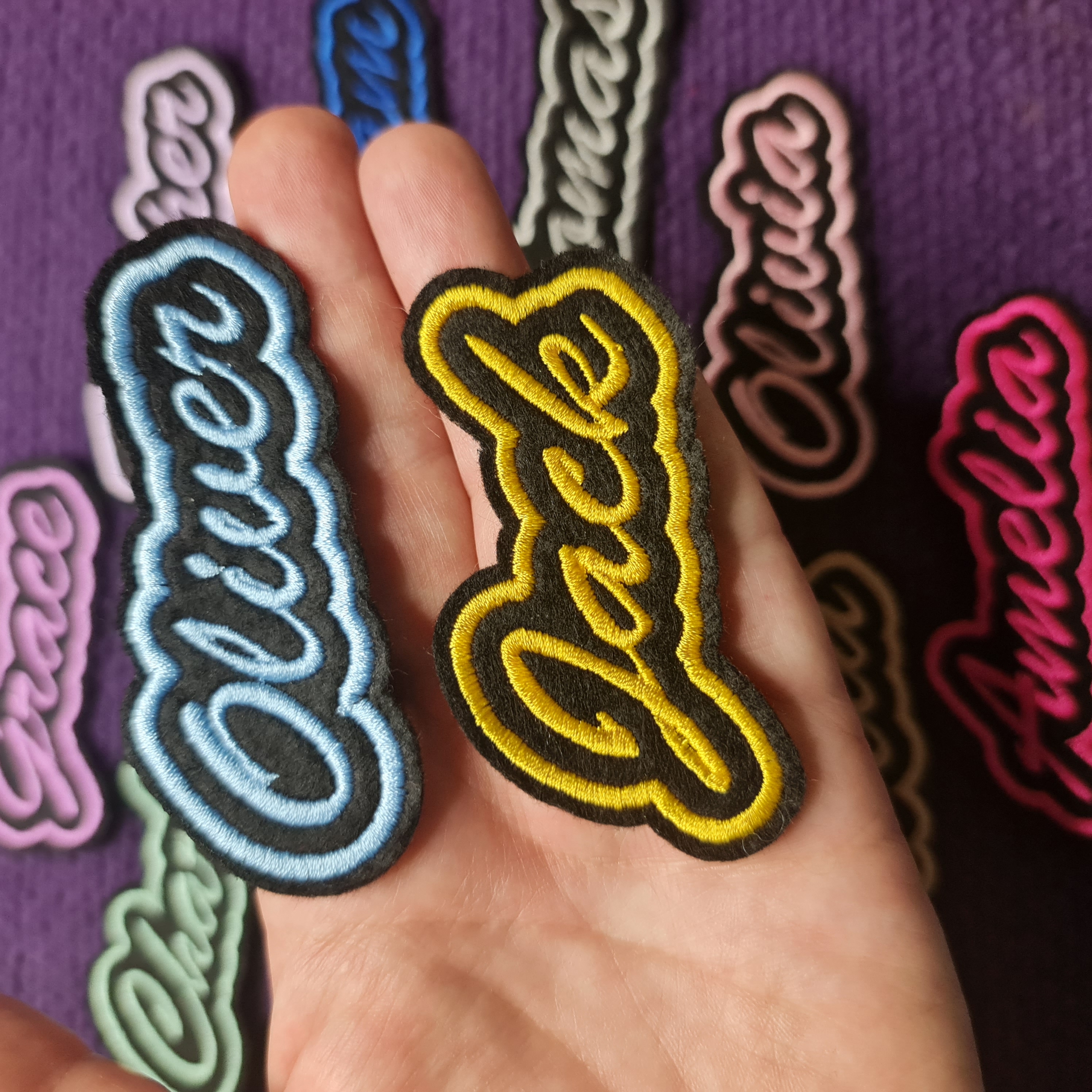 Personalised Embroidered Name Patch Badge Black Felt Iron or Sew on