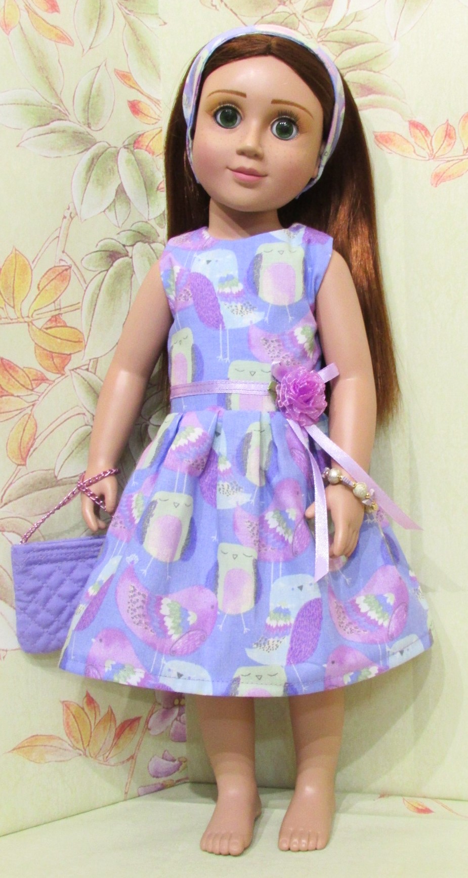 961   Lavender Birds Dress, Quilted Bag, Headband, Bracelet