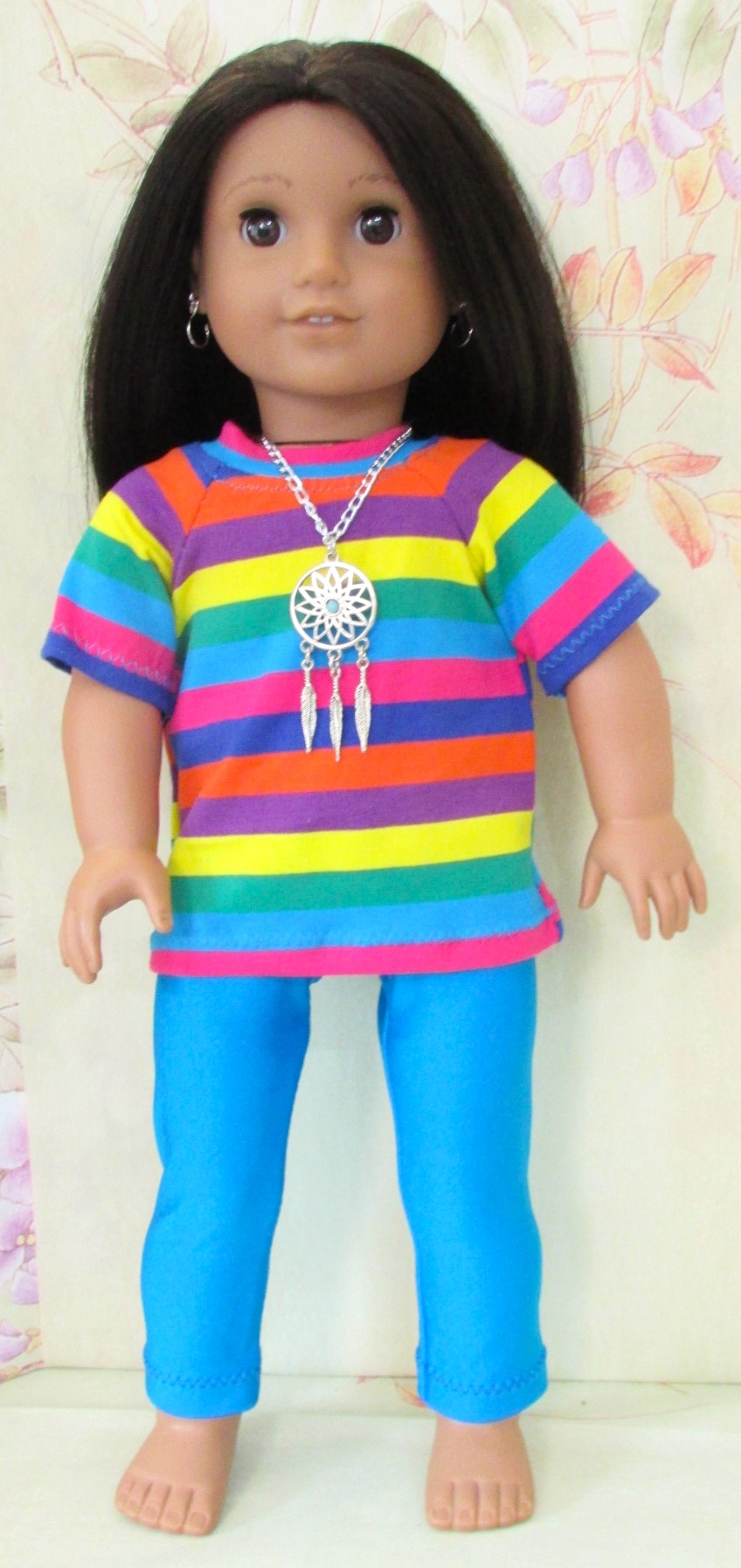 957   Rainbow Striped Tee Shirt, Turquoise Leggings & Dreamcatcher Necklace