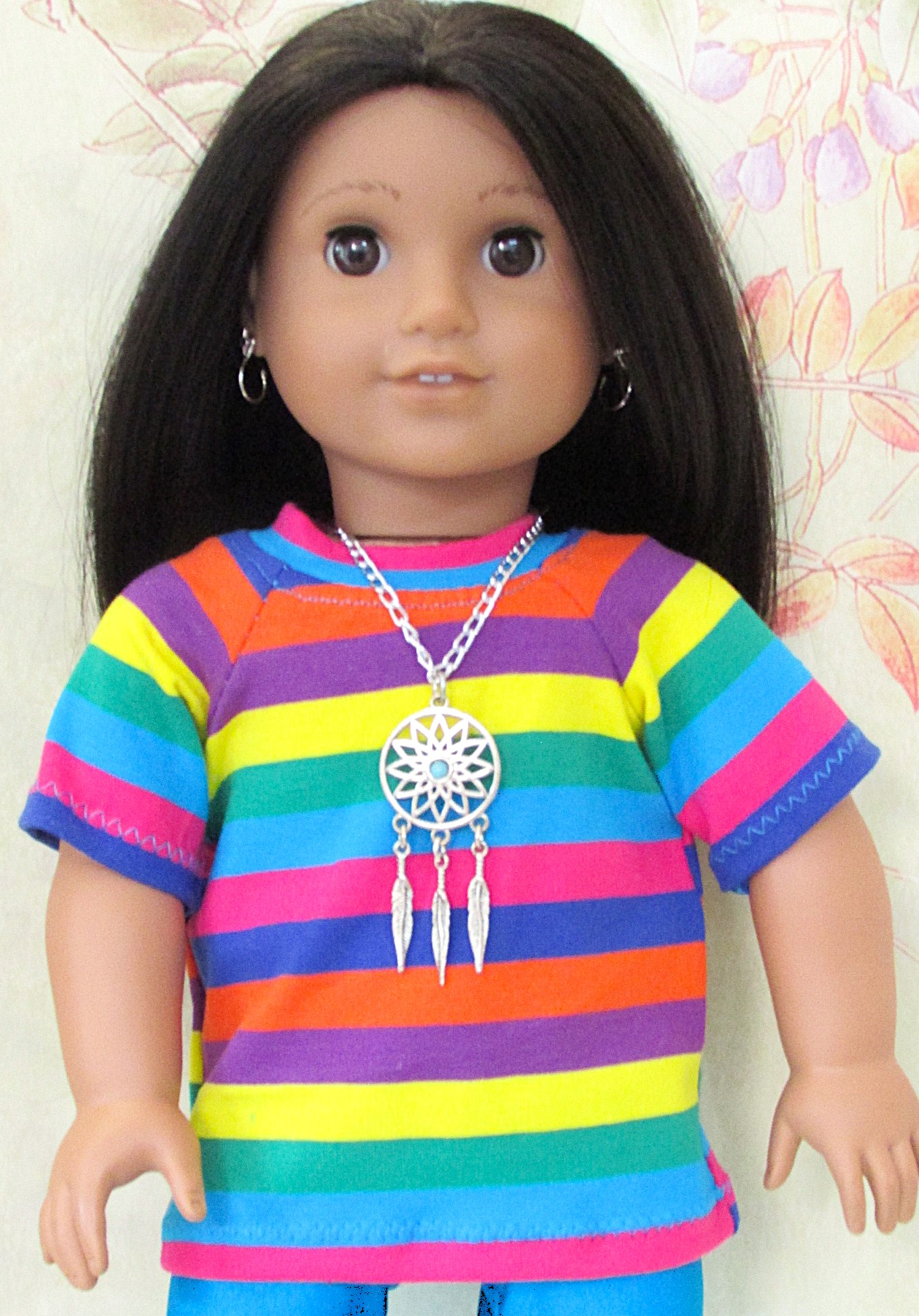 957   Rainbow Striped Tee Shirt, Turquoise Leggings & Dreamcatcher Necklace