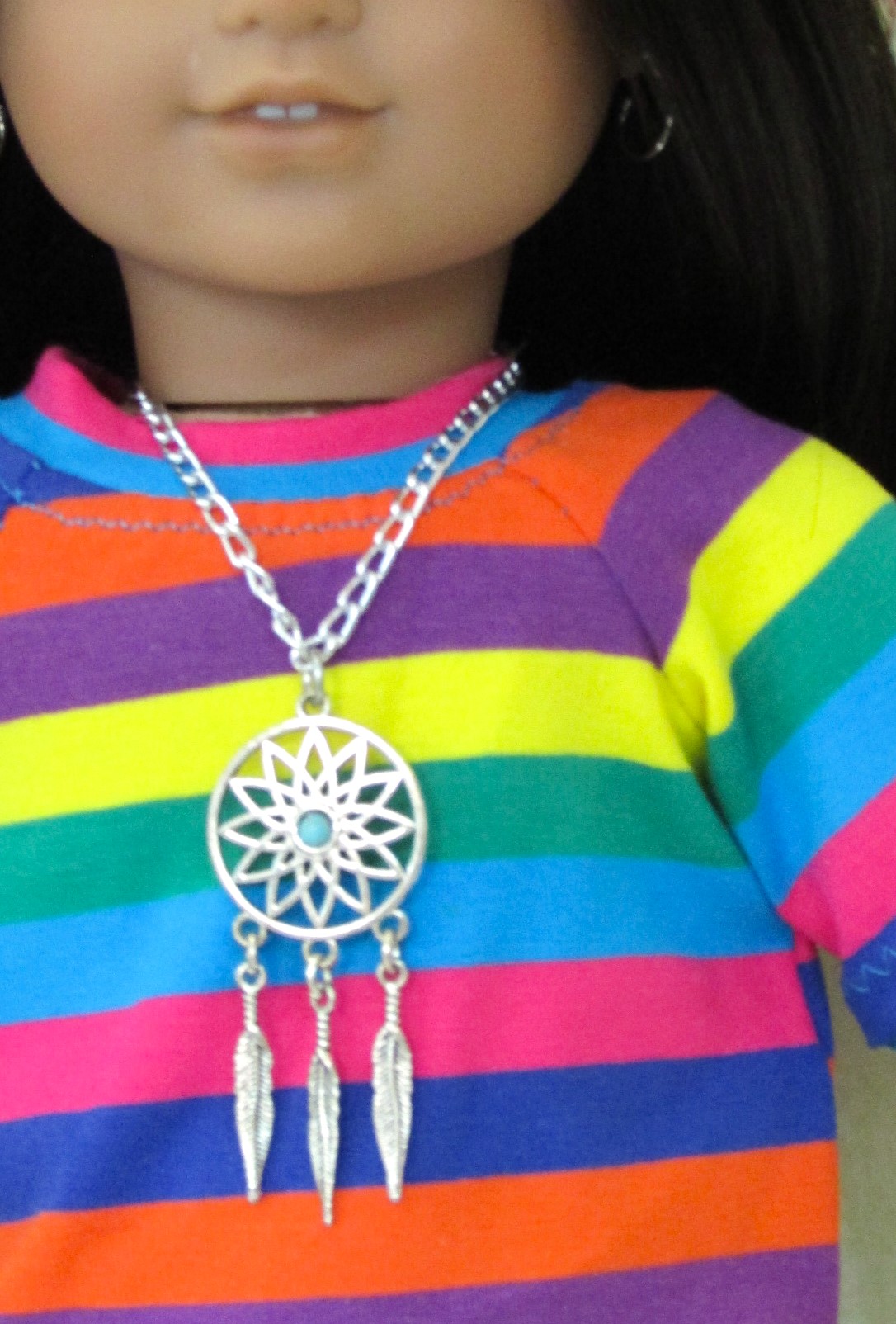 957   Rainbow Striped Tee Shirt, Turquoise Leggings & Dreamcatcher Necklace