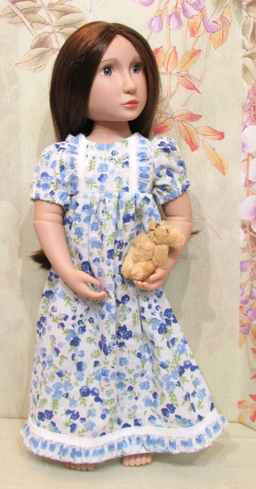 926   Long Blue Flowered Nightdress with a Teddy Bear