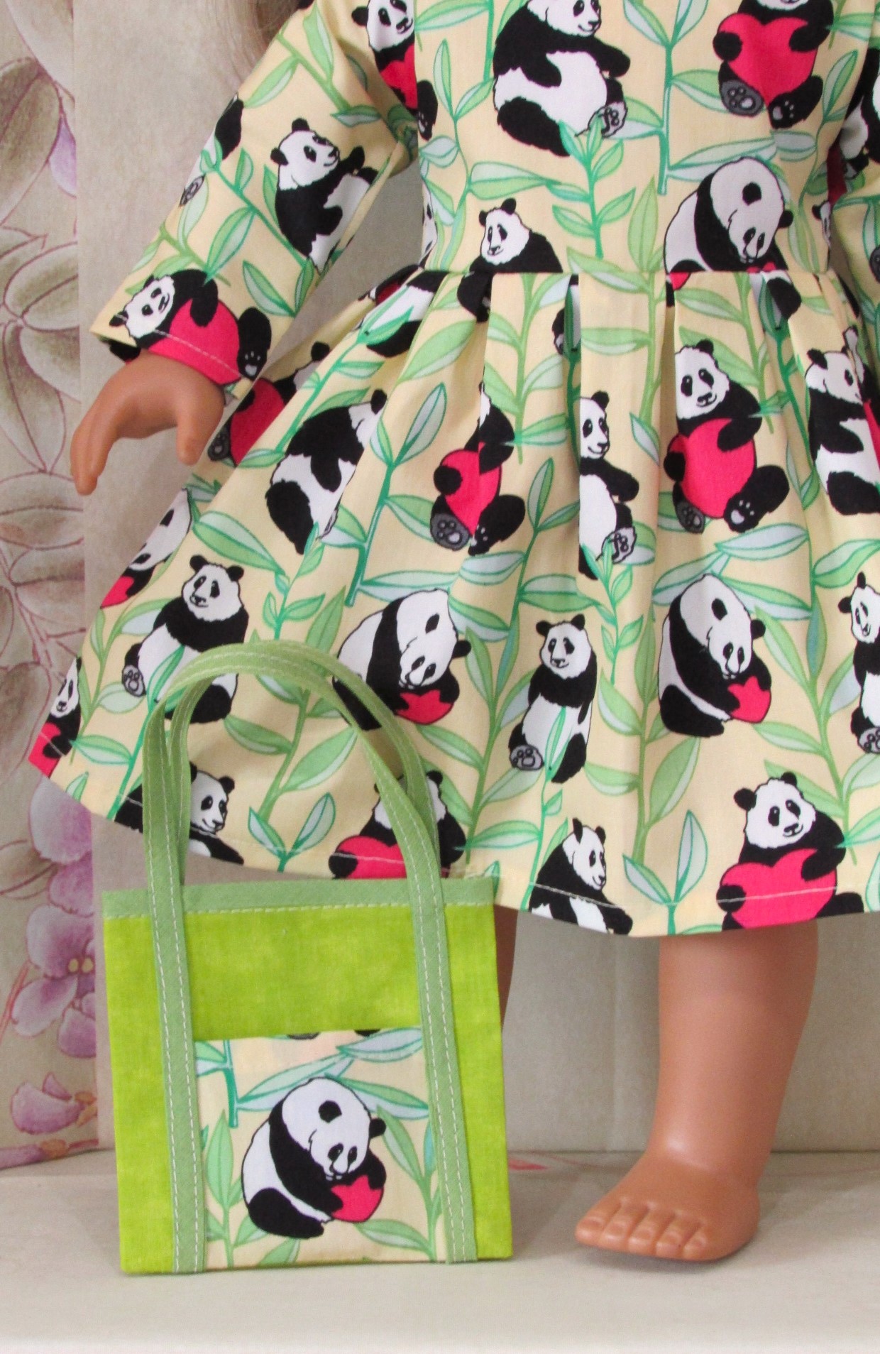 911  Pandas with Hearts Long Sleeved Dress, Panda Bag
