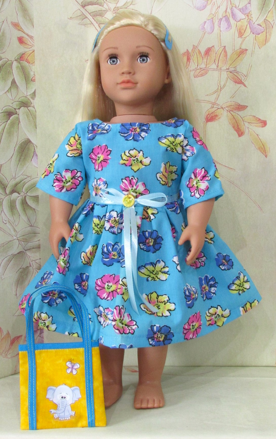910   Turquoise Flowers Dress, Elephant Bag, 2 hair clips