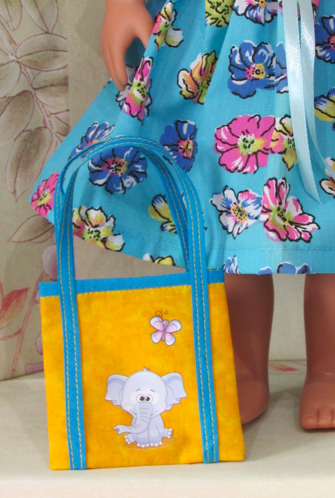 910   Turquoise Flowers Dress, Elephant Bag, 2 hair clips
