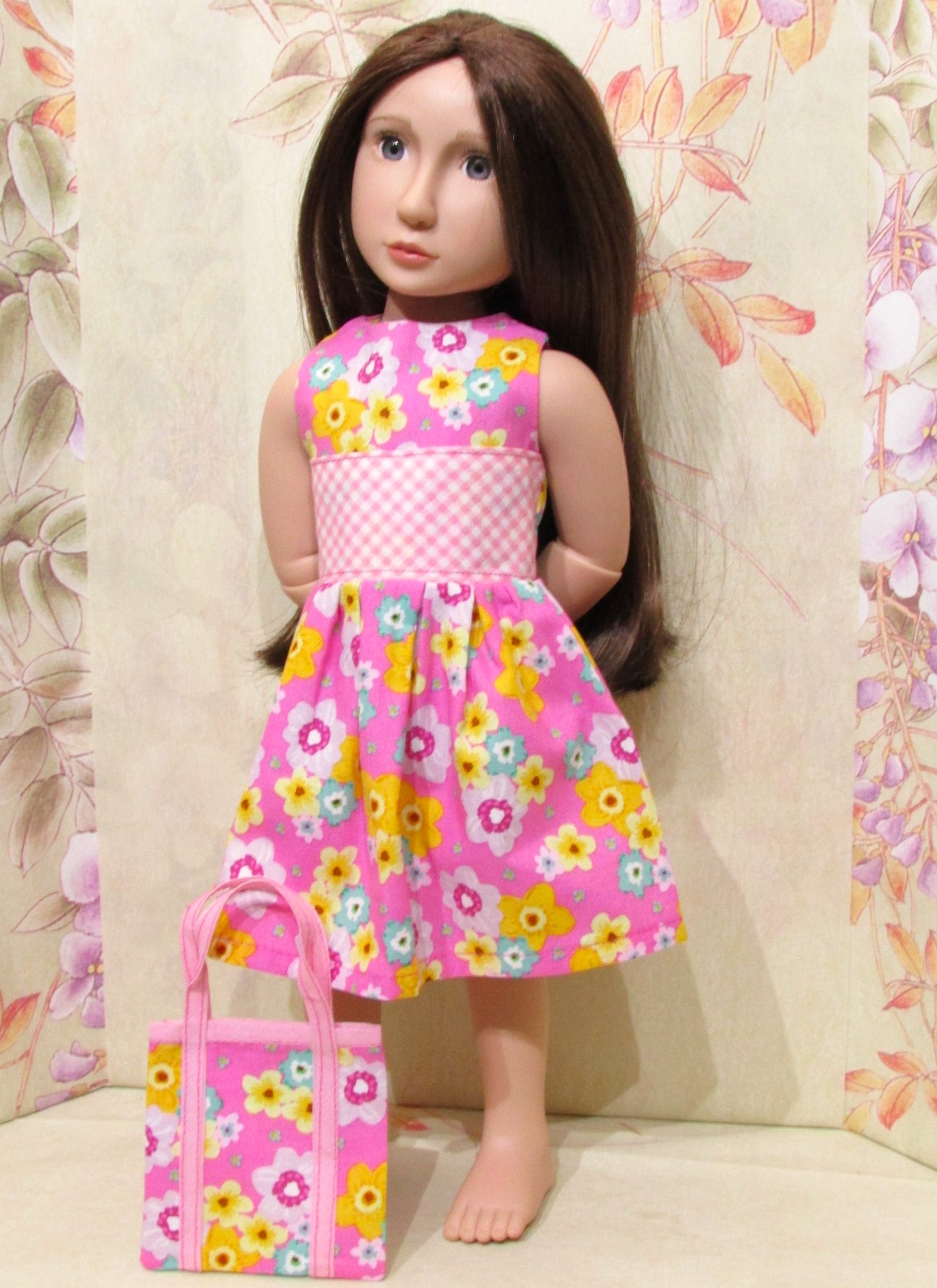 906   Pink Spring Flowers & Gingham Dress with bag 