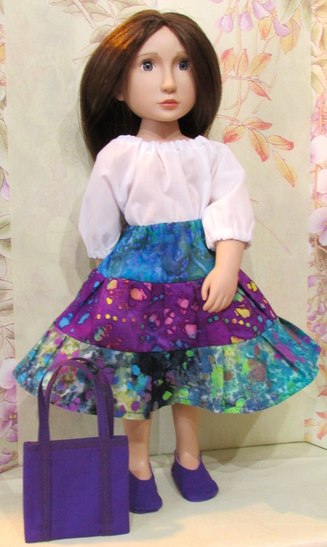 898   White Peasant Top, Batik Tiered Skirt, Purple Bag and Shoes
