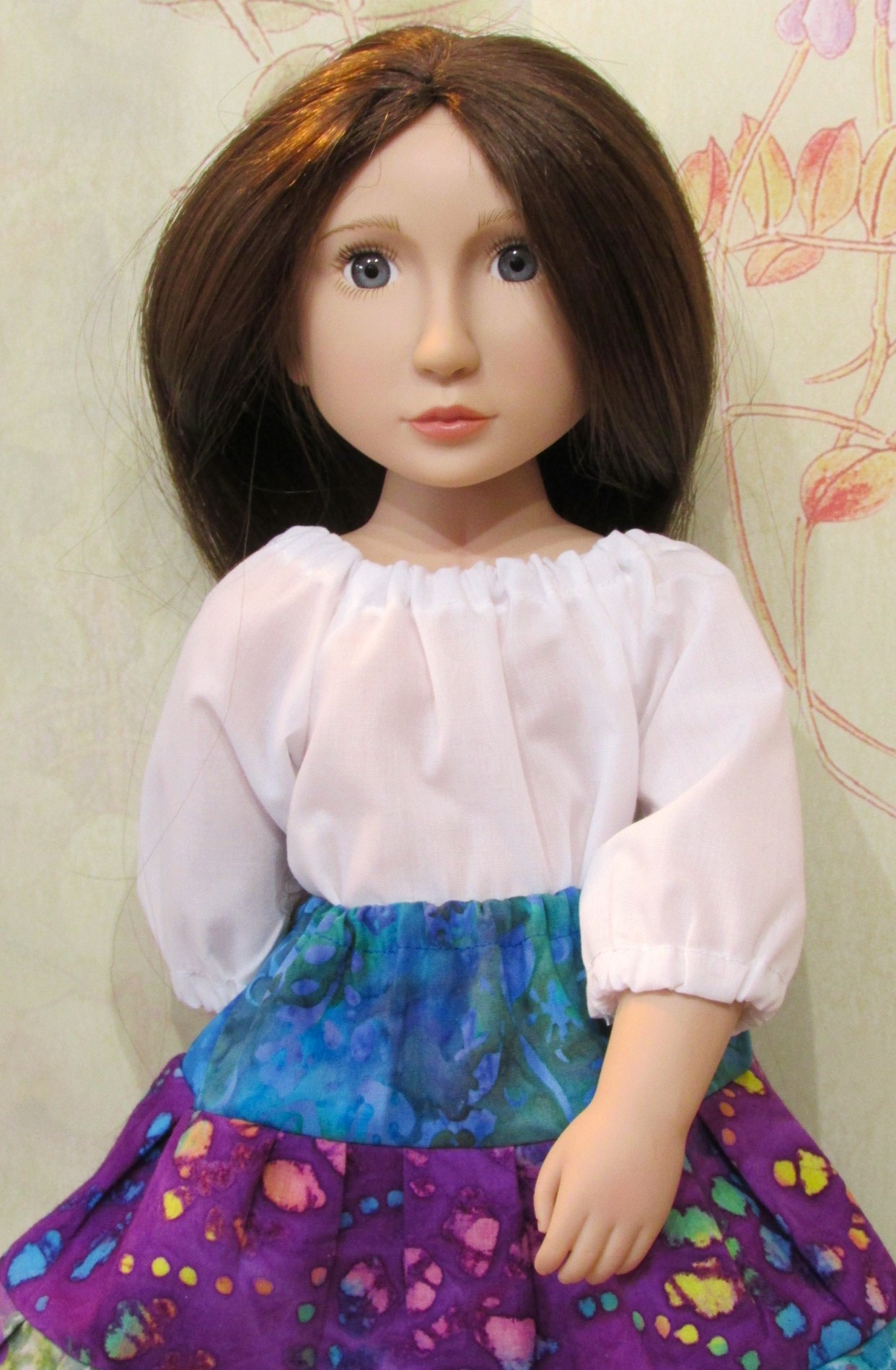 898   White Peasant Top, Batik Tiered Skirt, Purple Bag and Shoes