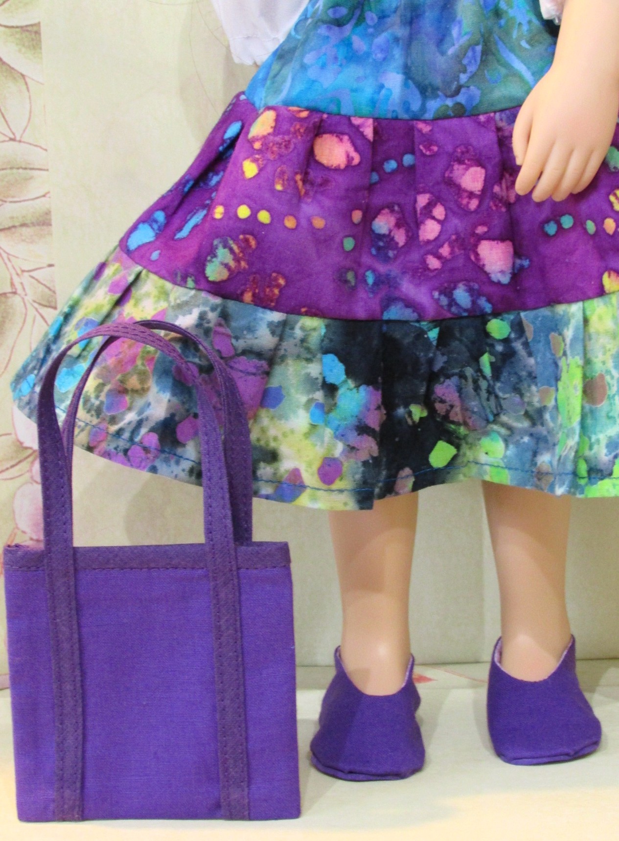 898   White Peasant Top, Batik Tiered Skirt, Purple Bag and Shoes