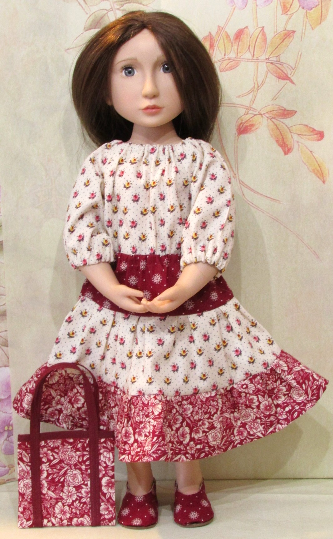 897    Cream Peasant Top, Wine Tiered Skirt, Bag, Shoes