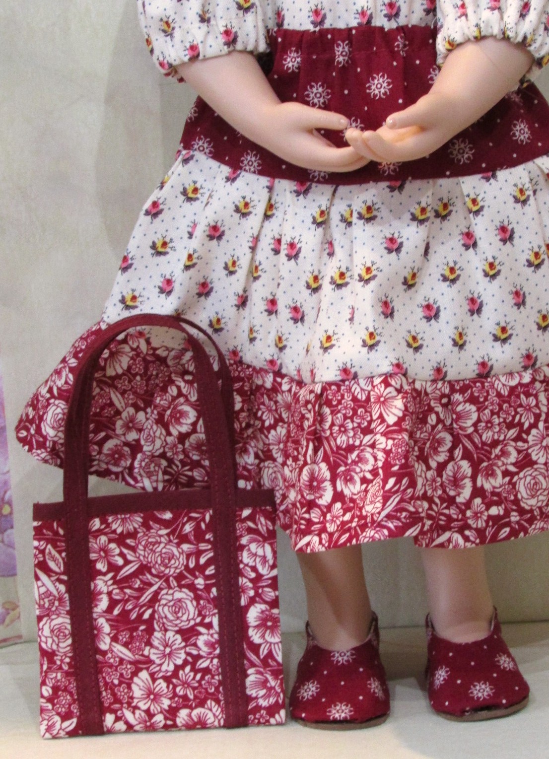 897    Cream Peasant Top, Wine Tiered Skirt, Bag, Shoes