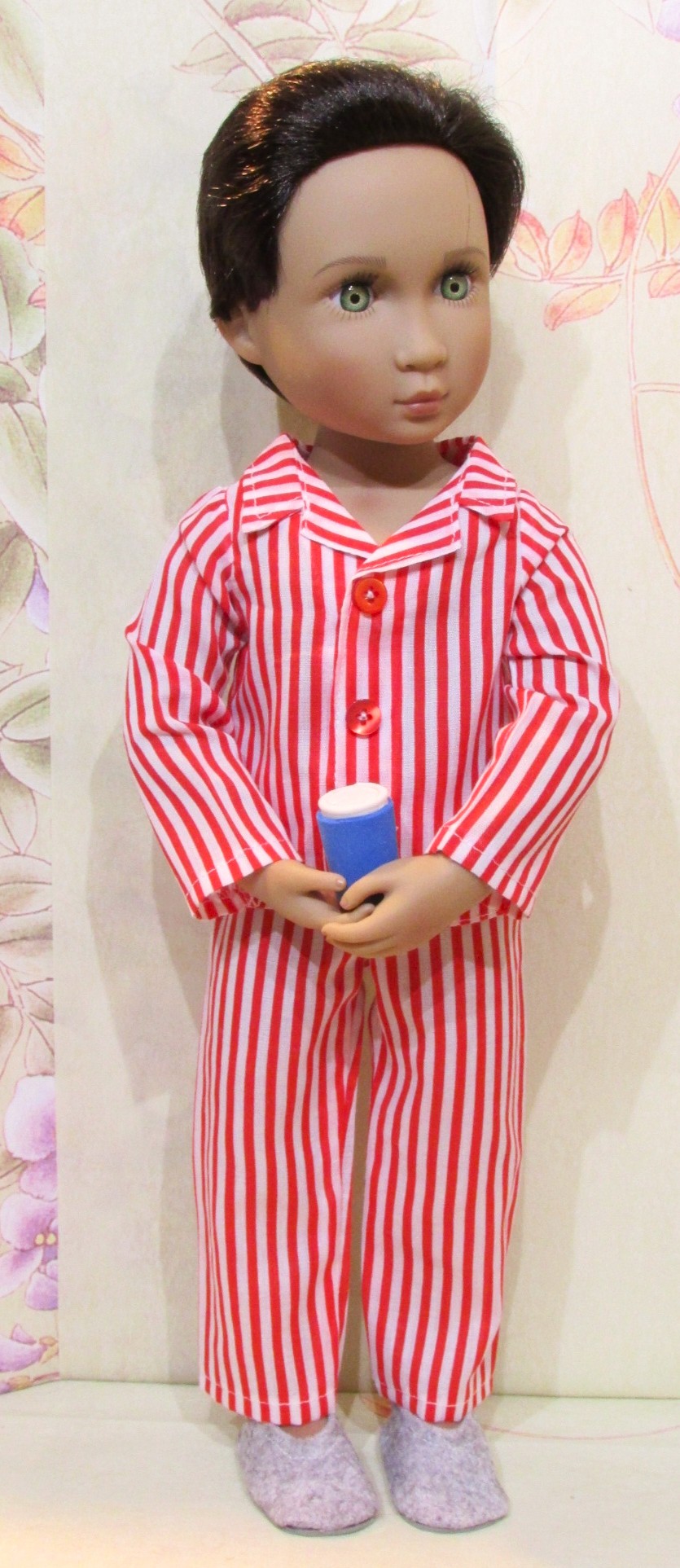 896  Red & White Pyjamas, pjs, grey felt slippers, bedtime milk