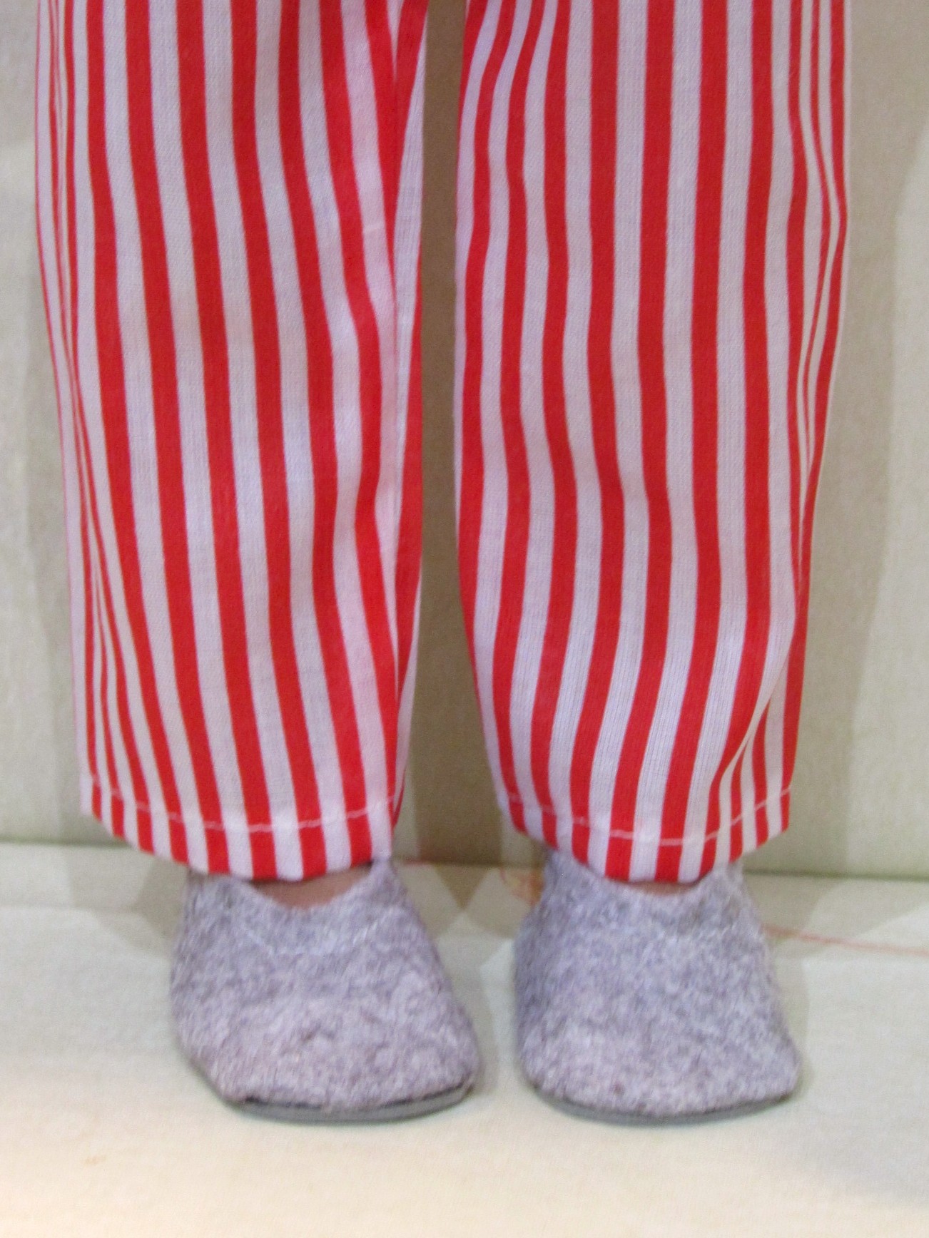 896  Red & White Pyjamas, pjs, grey felt slippers, bedtime milk