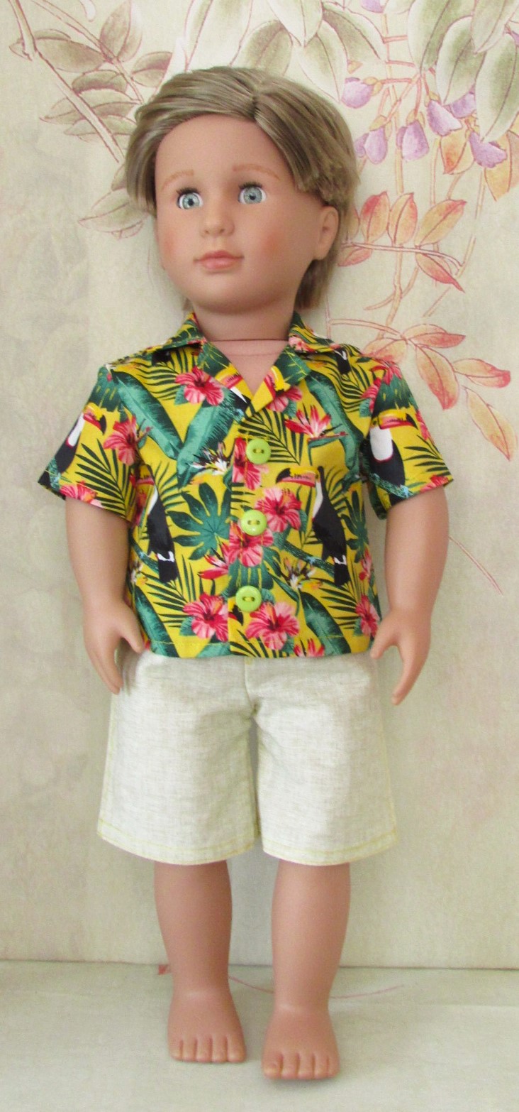 884   Tropical Print Shirt, Pale Green Long Shorts