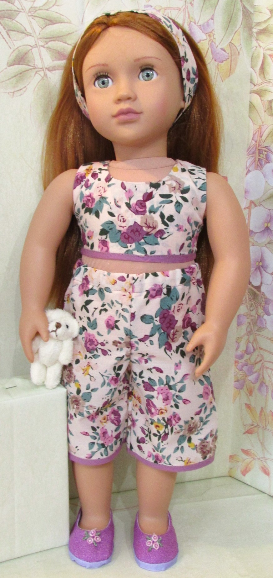 874    PJs, Summer Pink & Mauve Pyjamas with teddy bear, headband and slippers