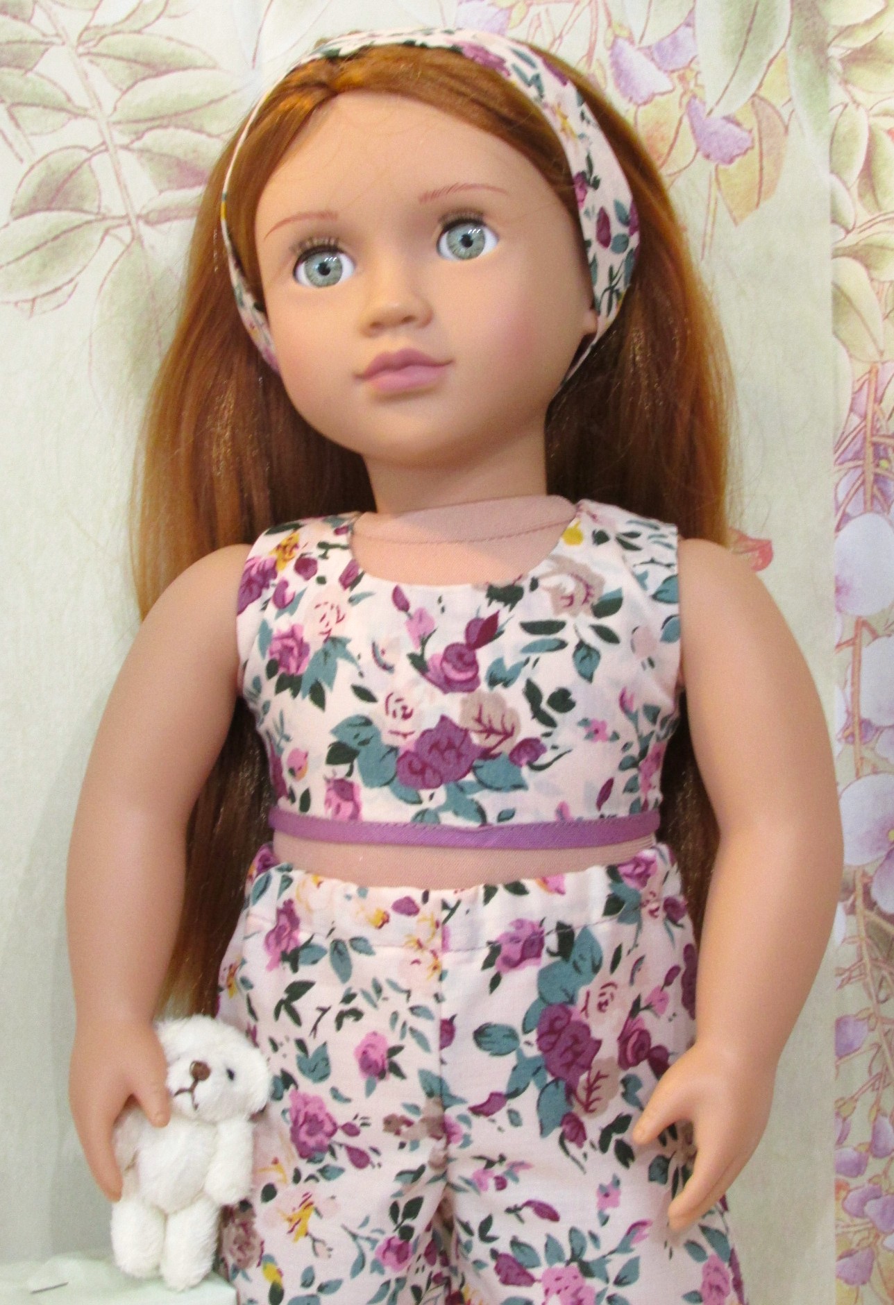 874    PJs, Summer Pink & Mauve Pyjamas with teddy bear, headband and slippers