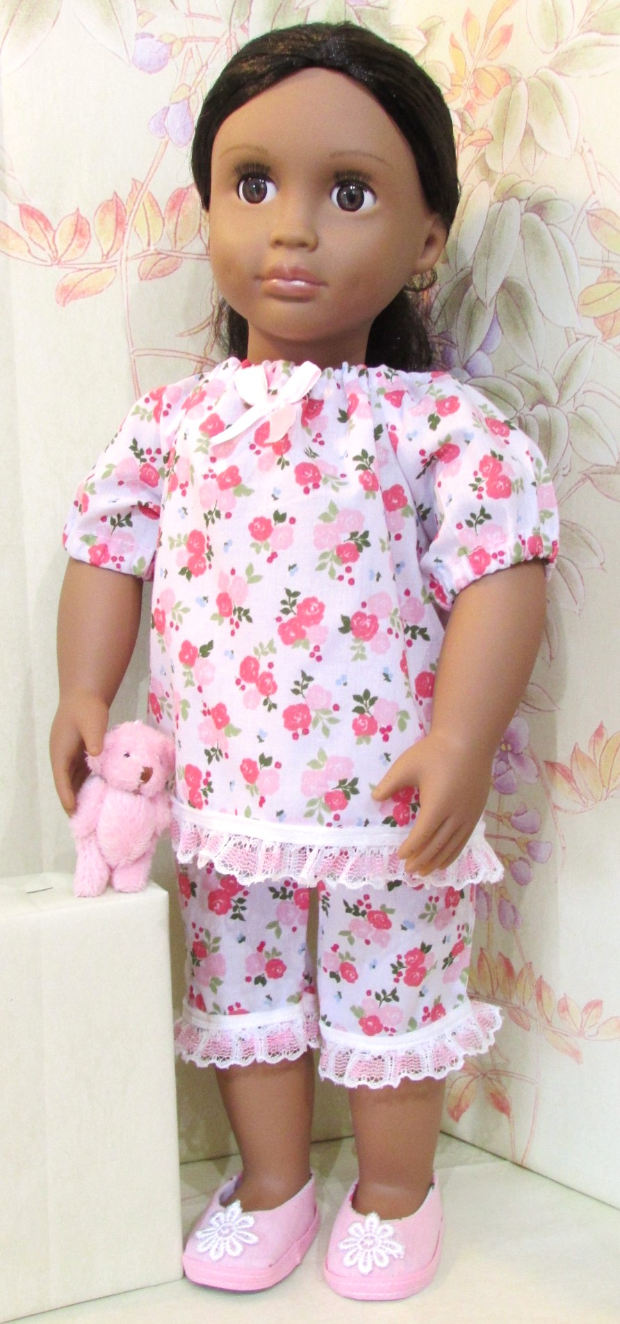 873   PJs, Summer Pink Roses Pyjamas with teddy bear and slippers