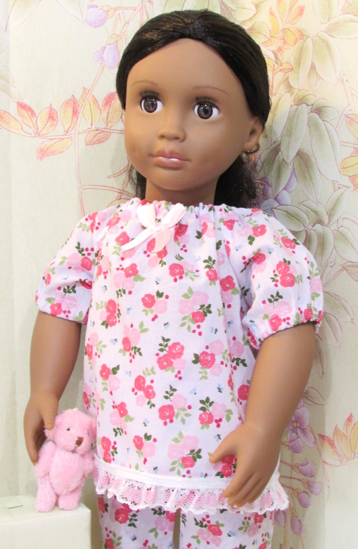 873 PJs, Summer Pink Roses Pyjamas with teddy bear and slippers
