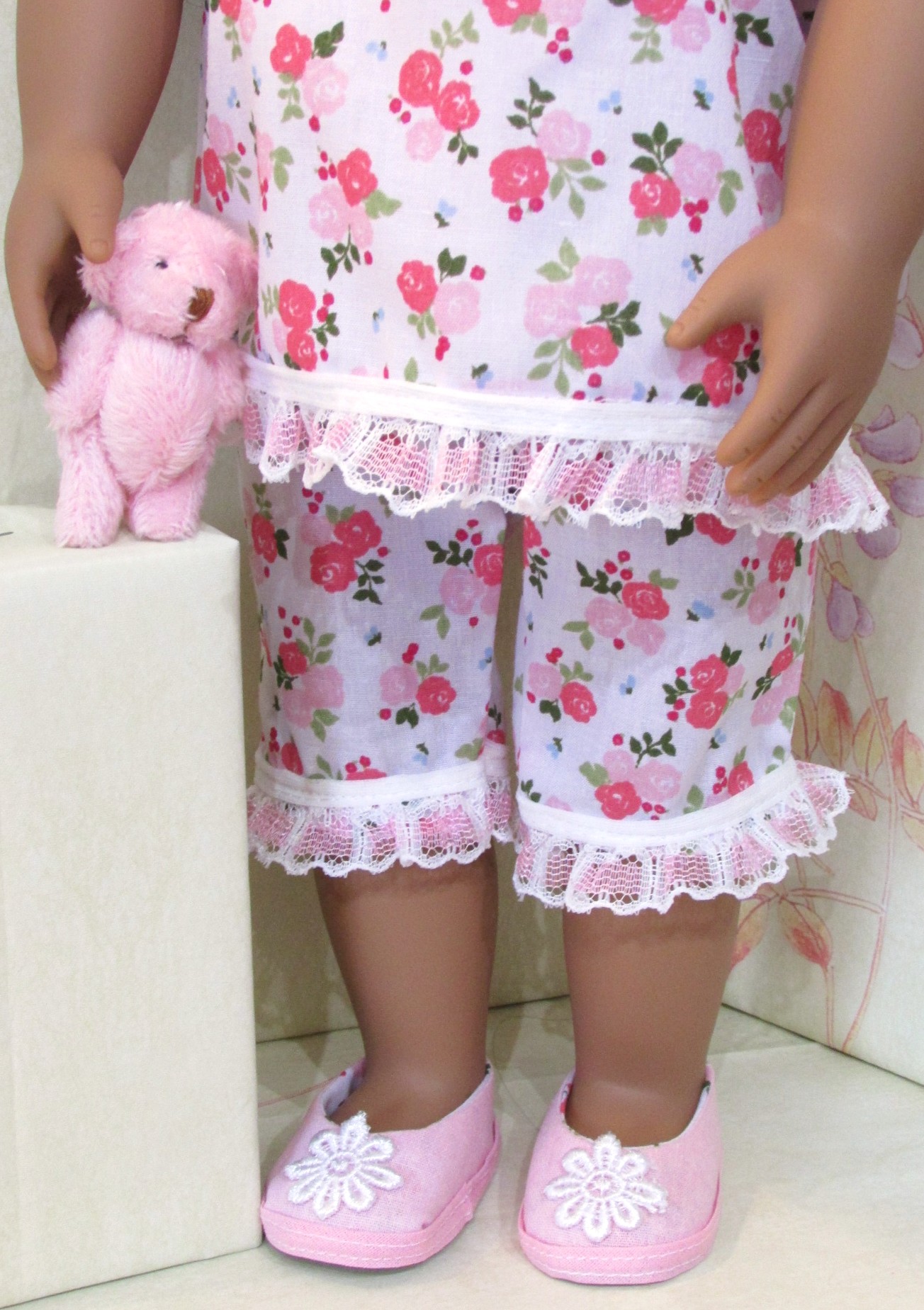 873   PJs, Summer Pink Roses Pyjamas with teddy bear and slippers