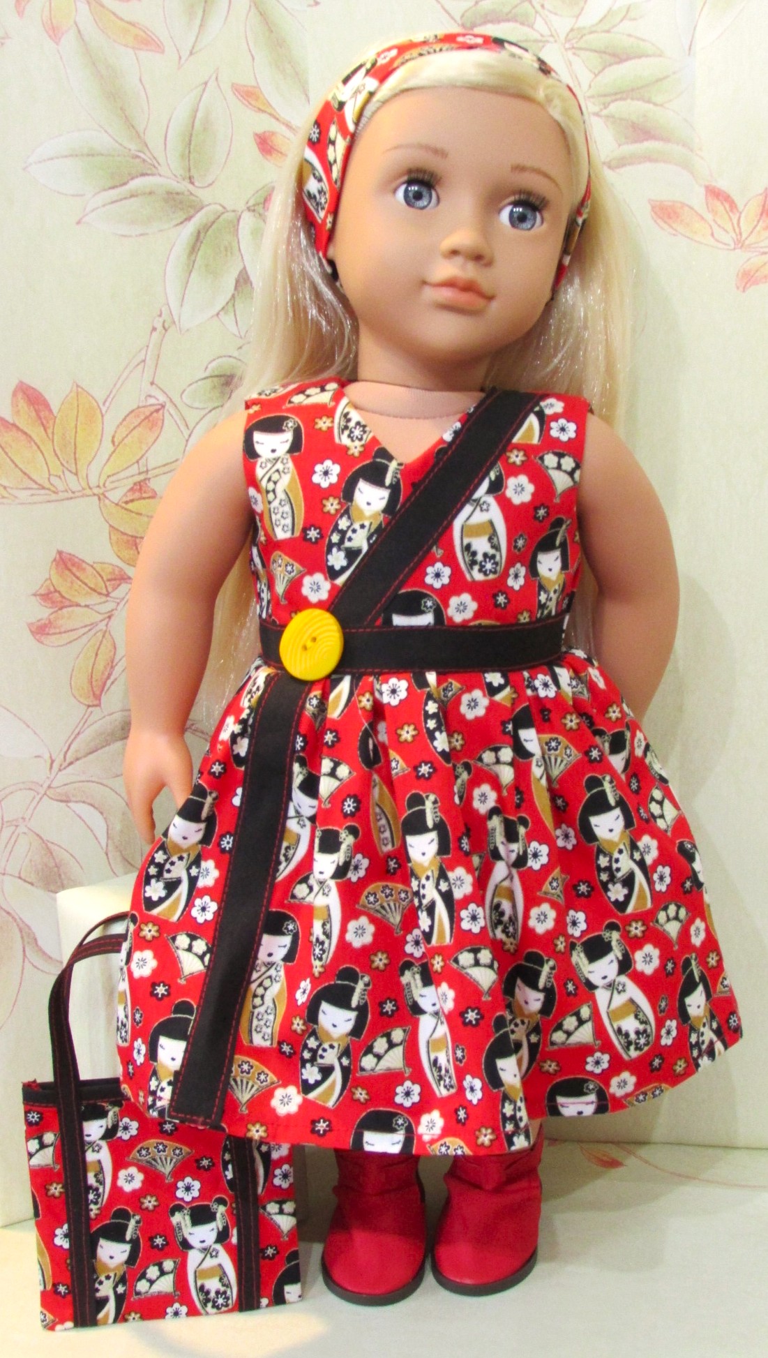 872   Japanese Kokeshi Doll Dress, Bag, Headband and Red Ankle Boots